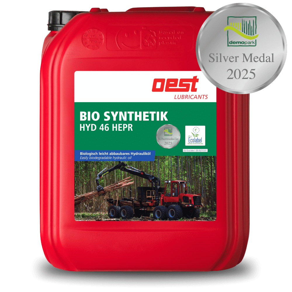 Ein roter 20-Liter-Kanister des Produkts BIO SYNTHETIK HYD 46 HEPR von Oest Lubricants ist frontal sichtbar.